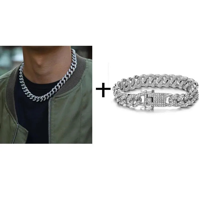 Gold Necklace +Watch+Bracelet Miami Curb Cuban Chain Gold Full Iced Out Paved Rhinestones CZ Bling nowadaysfashion