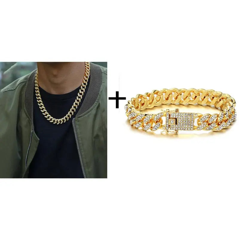 Gold Necklace +Watch+Bracelet Miami Curb Cuban Chain Gold Full Iced Out Paved Rhinestones CZ Bling nowadaysfashion