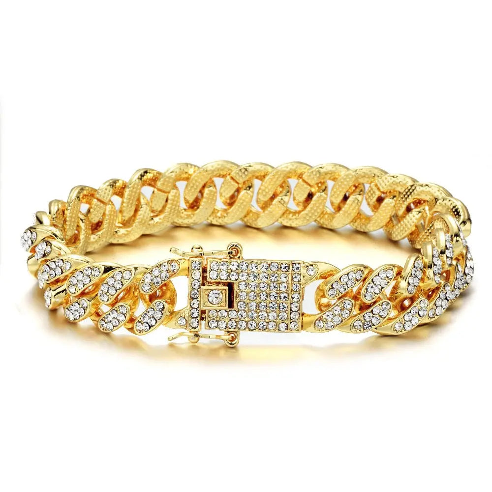 Gold Necklace +Watch+Bracelet Miami Curb Cuban Chain Gold Full Iced Out Paved Rhinestones CZ Bling nowadaysfashion