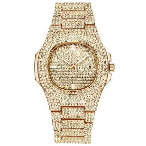 Gold Necklace +Watch+Bracelet Miami Curb Cuban Chain Gold Full Iced Out Paved Rhinestones CZ Bling nowadaysfashion