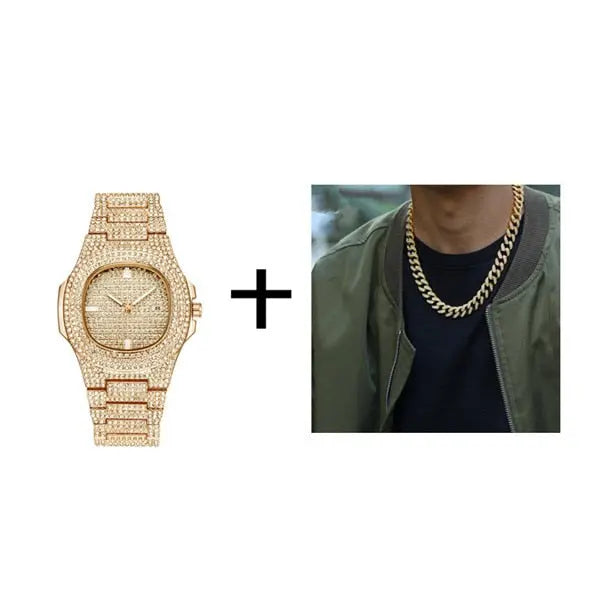 Gold Necklace +Watch+Bracelet Miami Curb Cuban Chain Gold Full Iced Out Paved Rhinestones CZ Bling nowadaysfashion
