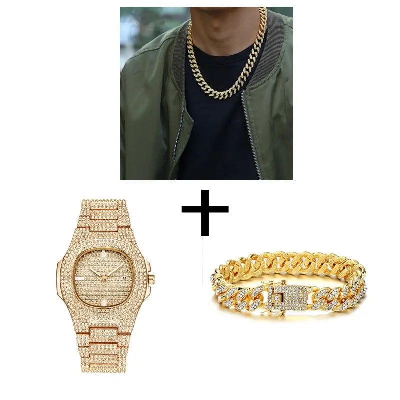 Gold Necklace +Watch+Bracelet Miami Curb Cuban Chain Gold Full Iced Out Paved Rhinestones CZ Bling nowadaysfashion