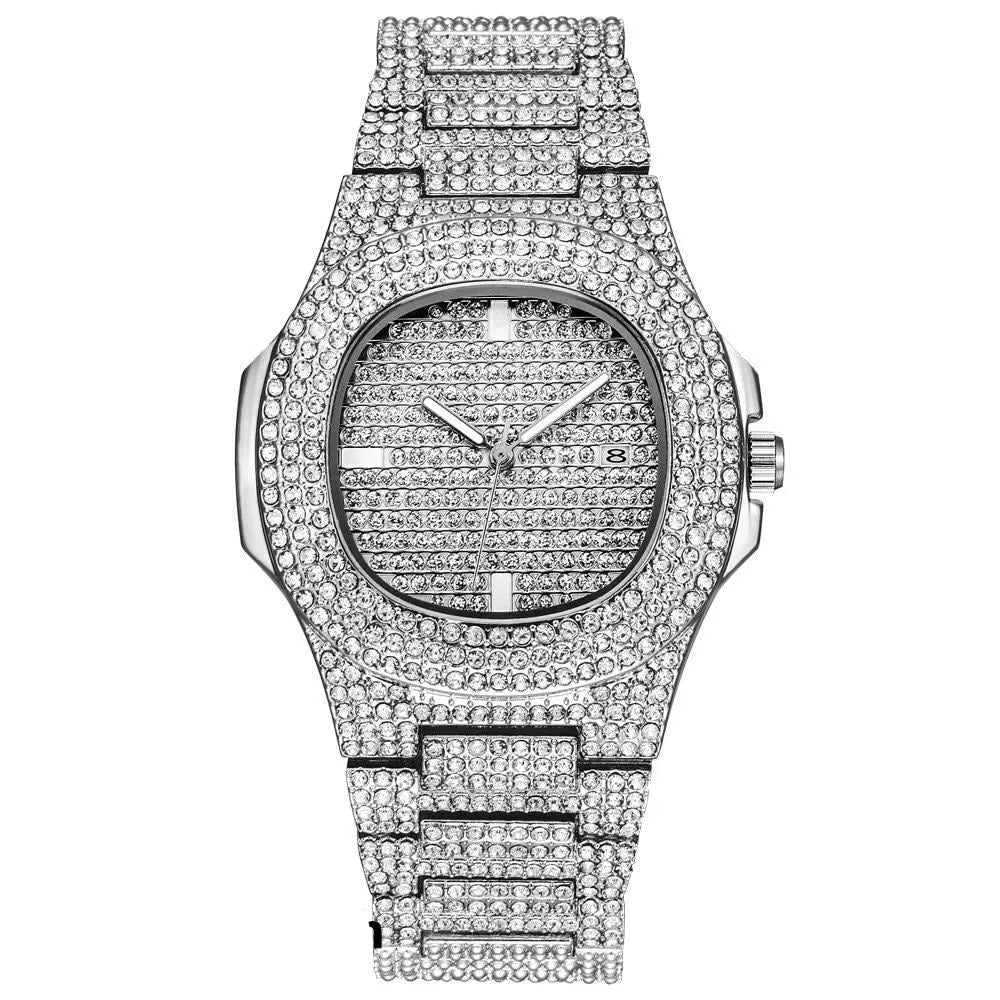 Gold Necklace +Watch+Bracelet Miami Curb Cuban Chain Gold Full Iced Out Paved Rhinestones CZ Bling nowadaysfashion