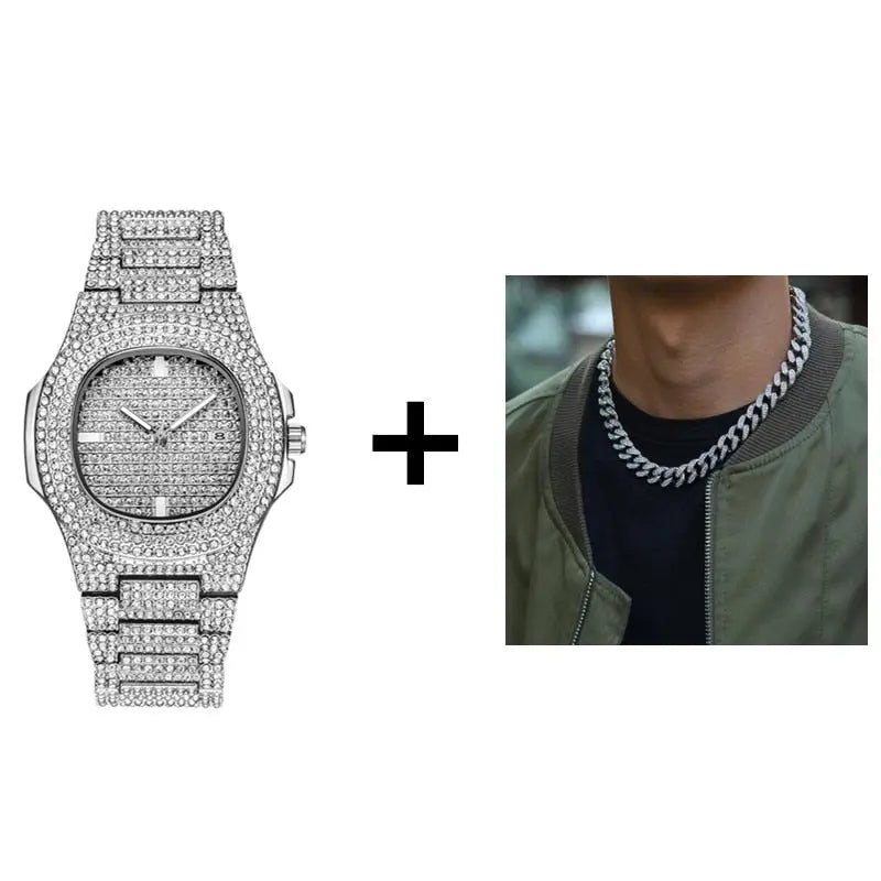 Gold Necklace +Watch+Bracelet Miami Curb Cuban Chain Gold Full Iced Out Paved Rhinestones CZ Bling nowadaysfashion
