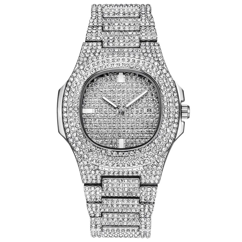 Gold Necklace +Watch+Bracelet Miami Curb Cuban Chain Gold Full Iced Out Paved Rhinestones CZ Bling nowadaysfashion