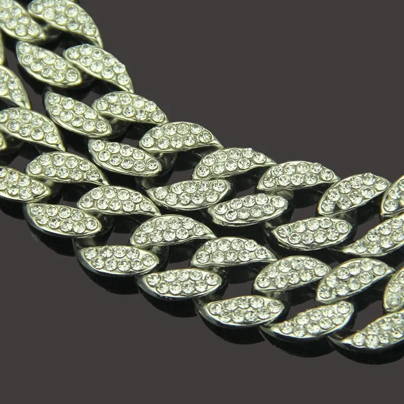 Gold Necklace +Watch+Bracelet Miami Curb Cuban Chain Gold Full Iced Out Paved Rhinestones CZ Bling nowadaysfashion