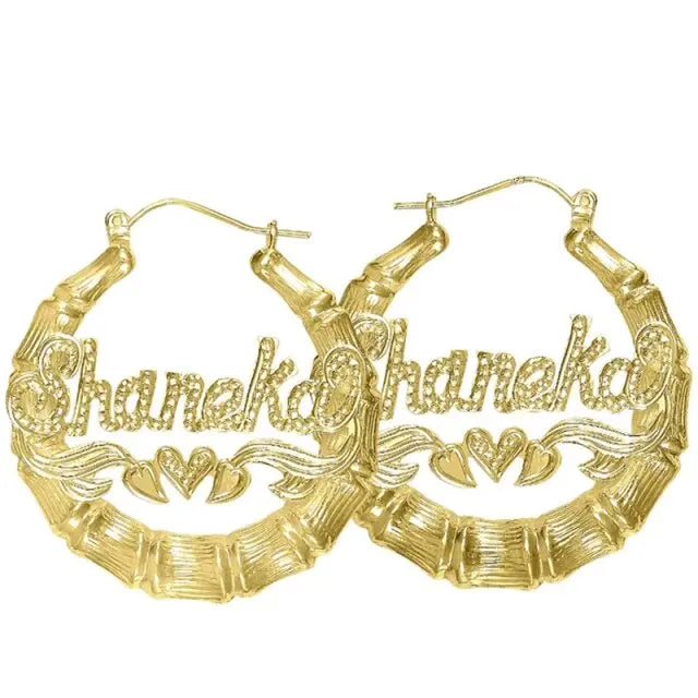 Fashion Trend Custom Name Bamboo Hoop Earrings Personality Heart Shaped Gold Plated Hoop Bamboo Earrings nowadaysfashion