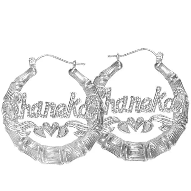Fashion Trend Custom Name Bamboo Hoop Earrings Personality Heart Shaped Gold Plated Hoop Bamboo Earrings nowadaysfashion