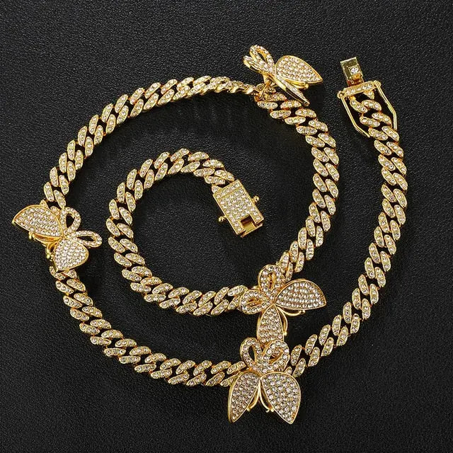 Gold Necklace +Watch+Bracelet Miami Curb Cuban Chain Gold Full Iced Out Paved Rhinestones CZ Bling nowadaysfashion