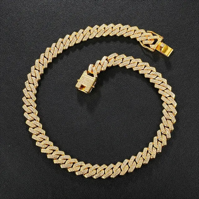 Gold Necklace +Watch+Bracelet Miami Curb Cuban Chain Gold Full Iced Out Paved Rhinestones CZ Bling nowadaysfashion