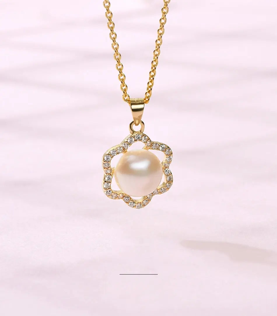 Pearl White Natural Freshwater 8-9mm Silver Gold Plated Flower Zirconia Pendants Necklaces nowadaysfashion