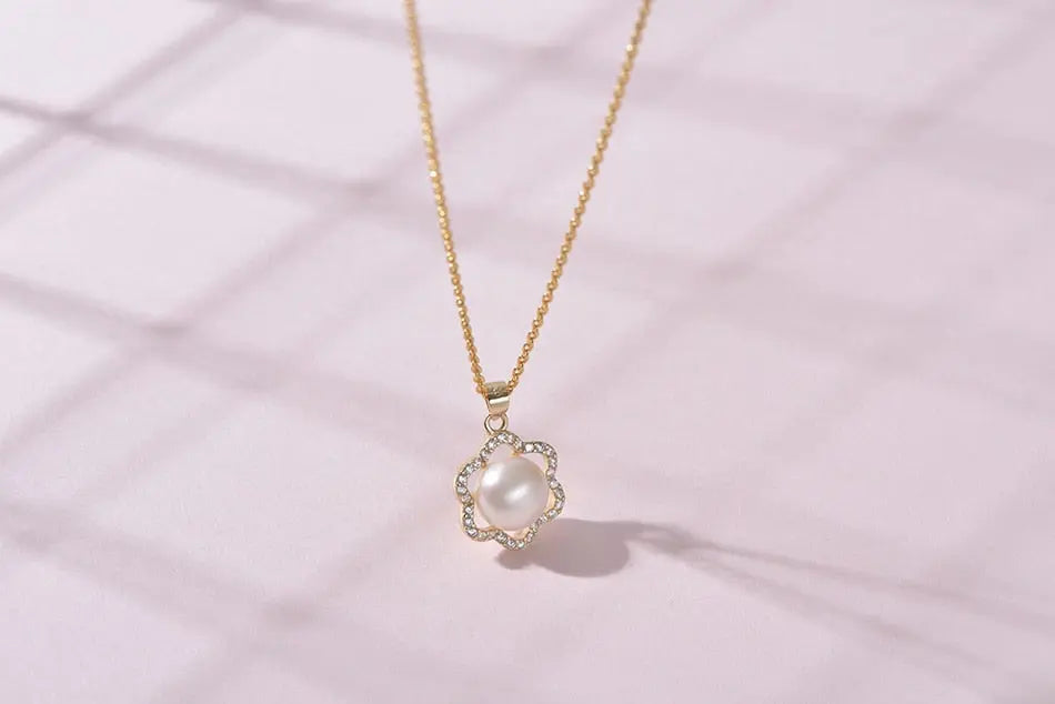 Pearl White Natural Freshwater 8-9mm Silver Gold Plated Flower Zirconia Pendants Necklaces nowadaysfashion