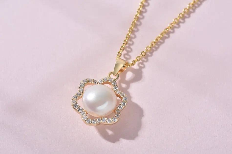Pearl White Natural Freshwater 8-9mm Silver Gold Plated Flower Zirconia Pendants Necklaces nowadaysfashion