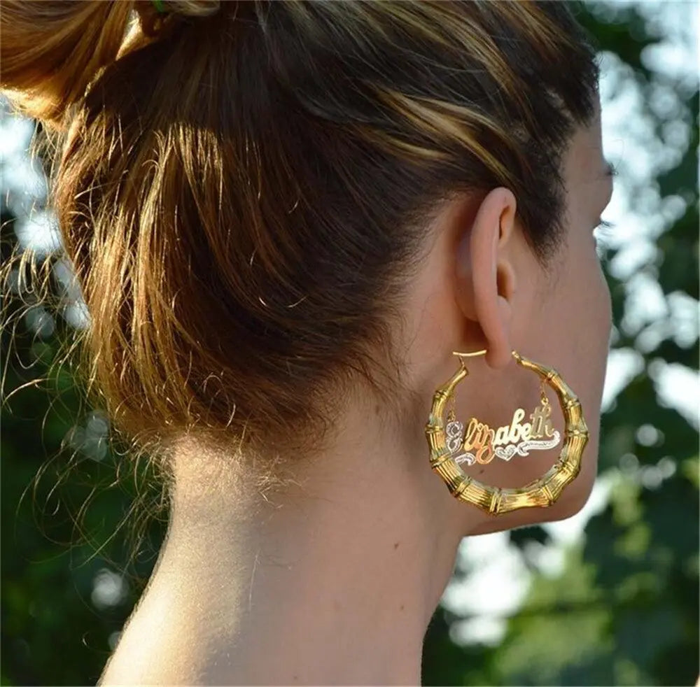 50-100mm Personalized Bamboo Earrings Custom Hoops Earrings Customize Name Earrings nowadaysfashion