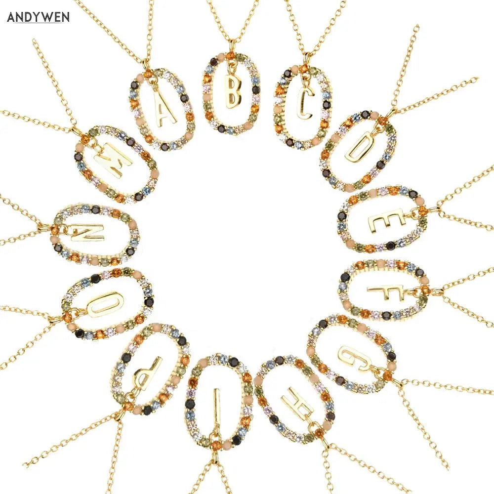 Sterling Silver Gold 26 Alphabet B J P Letters A M Initial Long Chain Necklace Summer Colorful Zircon Ovals nowadaysfashion
