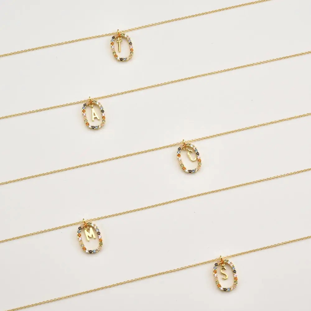 Sterling Silver Gold 26 Alphabet B J P Letters A M Initial Long Chain Necklace Summer Colorful Zircon Ovals nowadaysfashion