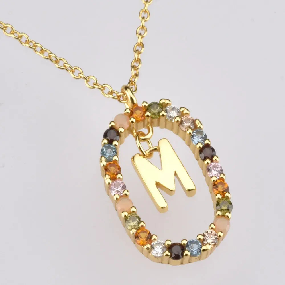 Sterling Silver Gold 26 Alphabet B J P Letters A M Initial Long Chain Necklace Summer Colorful Zircon Ovals nowadaysfashion