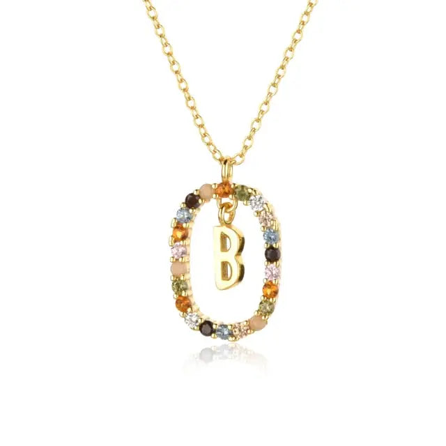 Sterling Silver Gold 26 Alphabet B J P Letters A M Initial Long Chain Necklace Summer Colorful Zircon Ovals nowadaysfashion