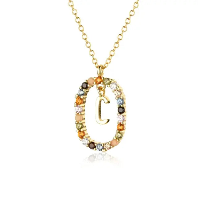 Sterling Silver Gold 26 Alphabet B J P Letters A M Initial Long Chain Necklace Summer Colorful Zircon Ovals nowadaysfashion