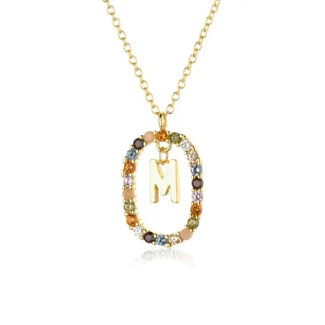 Sterling Silver Gold 26 Alphabet B J P Letters A M Initial Long Chain Necklace Summer Colorful Zircon Ovals nowadaysfashion