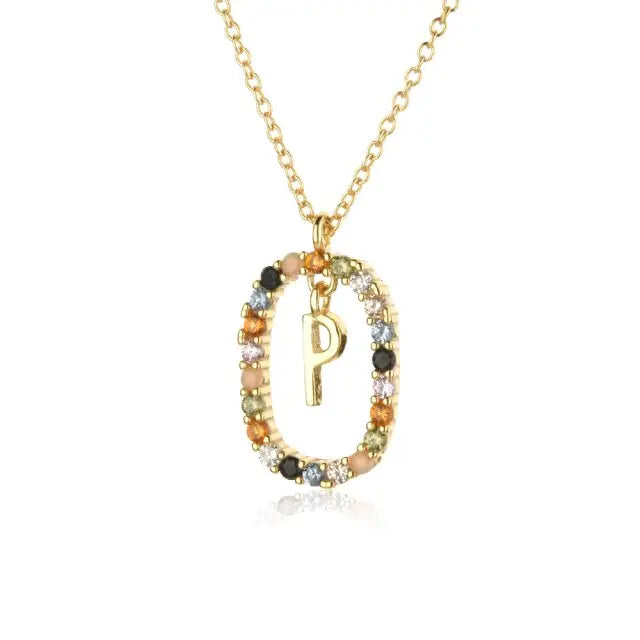 Sterling Silver Gold 26 Alphabet B J P Letters A M Initial Long Chain Necklace Summer Colorful Zircon Ovals nowadaysfashion