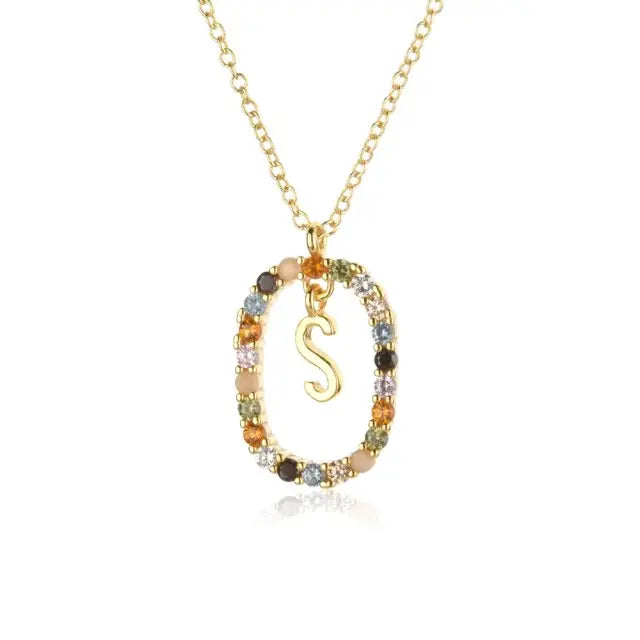 Sterling Silver Gold 26 Alphabet B J P Letters A M Initial Long Chain Necklace Summer Colorful Zircon Ovals nowadaysfashion