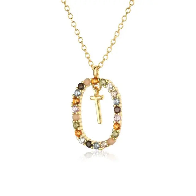 Sterling Silver Gold 26 Alphabet B J P Letters A M Initial Long Chain Necklace Summer Colorful Zircon Ovals nowadaysfashion