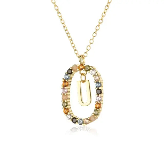 Sterling Silver Gold 26 Alphabet B J P Letters A M Initial Long Chain Necklace Summer Colorful Zircon Ovals nowadaysfashion