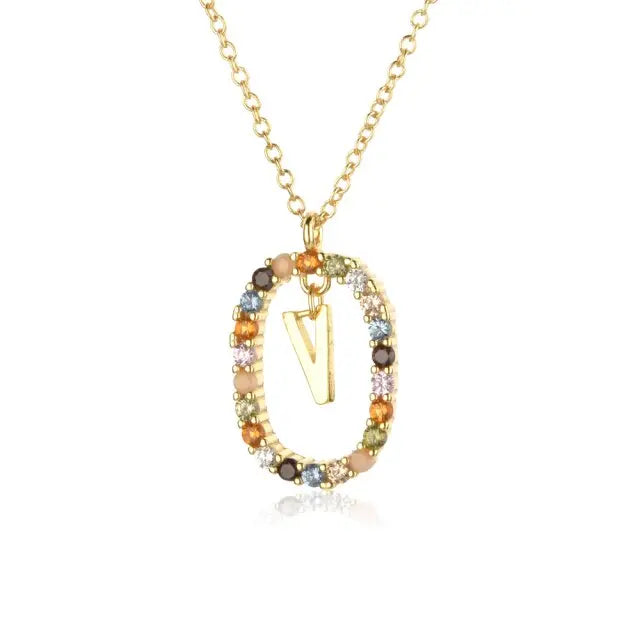 Sterling Silver Gold 26 Alphabet B J P Letters A M Initial Long Chain Necklace Summer Colorful Zircon Ovals nowadaysfashion