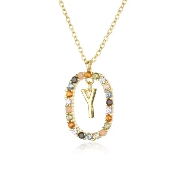 Sterling Silver Gold 26 Alphabet B J P Letters A M Initial Long Chain Necklace Summer Colorful Zircon Ovals nowadaysfashion