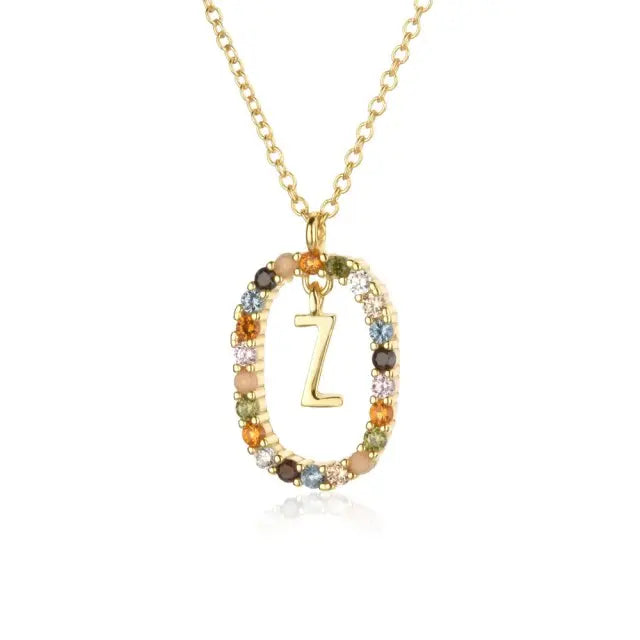 Sterling Silver Gold 26 Alphabet B J P Letters A M Initial Long Chain Necklace Summer Colorful Zircon Ovals nowadaysfashion