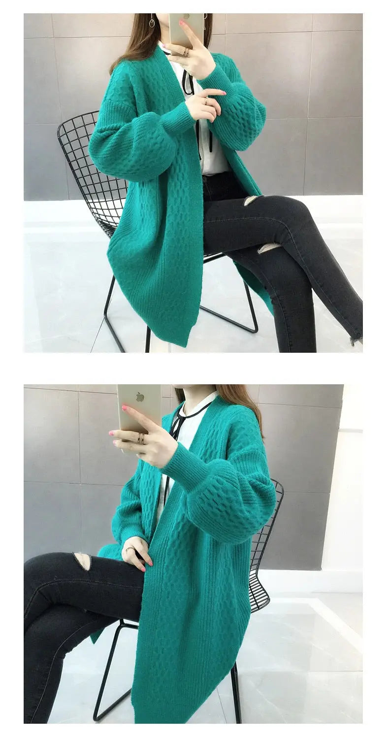 Winter lantern sleeve cardigan Long Sweater Women 2021 Lantern Sleeve Open Stitch Oversized Sweater Knit Coat nowadaysfashion