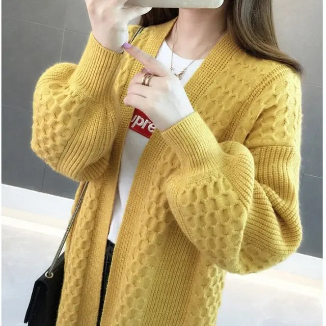 Winter lantern sleeve cardigan Long Sweater Women 2021 Lantern Sleeve Open Stitch Oversized Sweater Knit Coat nowadaysfashion