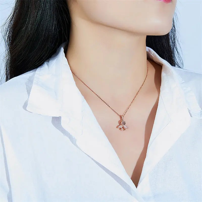 Projection Photo Memory Necklace Angel Pendant With Crystal Wing Personalized Jewelry nowadaysfashion