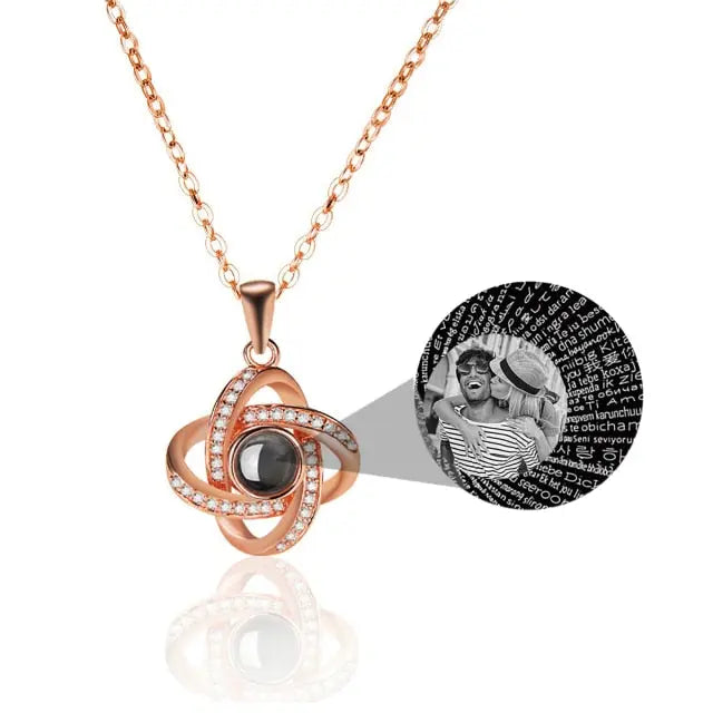 Personalized 4 Leaves Crystal Rose Projection Necklace Custom Photo Name Pendant nowadaysfashion