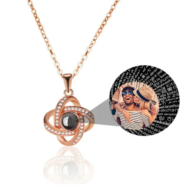 Personalized 4 Leaves Crystal Rose Projection Necklace Custom Photo Name Pendant nowadaysfashion