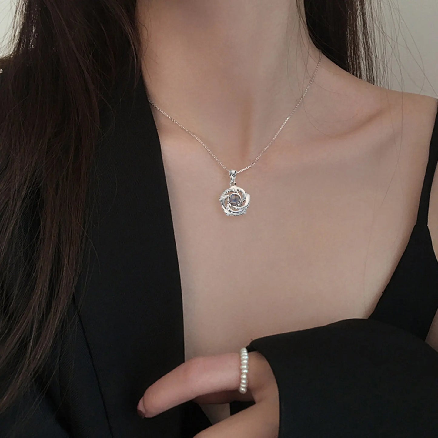 Customized Photo Name Trendy Rose Flower Shape Crystal Necklace Personalized Pendant Jewelry nowadaysfashion