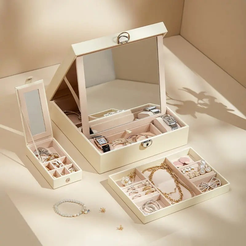 PU leather lockable mirror three-layer single-layer jewelry box - Blade & Thread