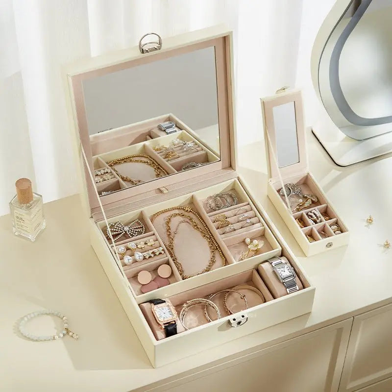 PU leather lockable mirror three-layer single-layer jewelry box - Blade & Thread