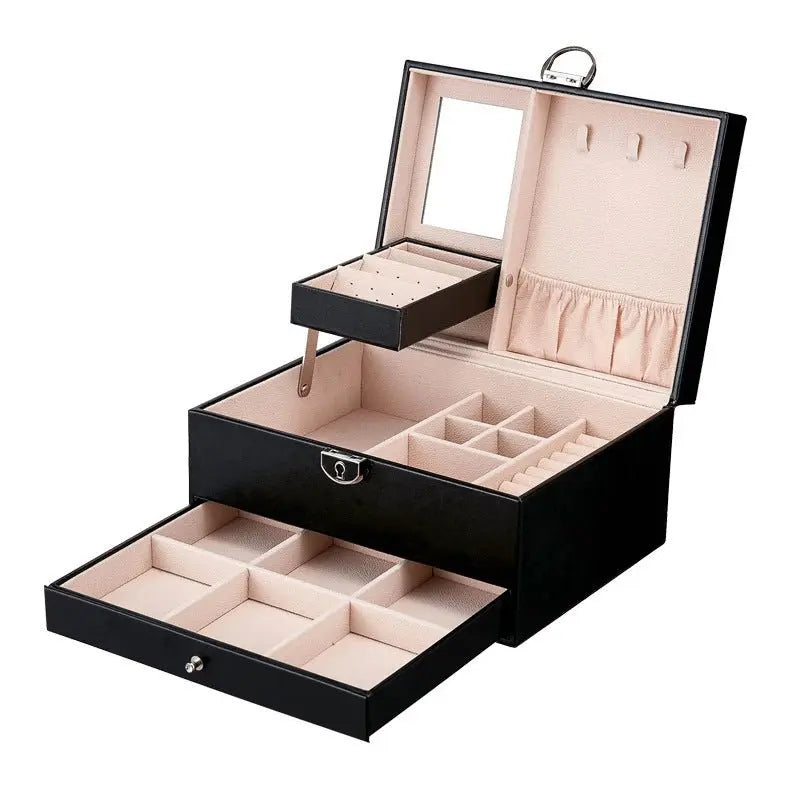 PU leather lockable mirror three-layer single-layer jewelry box - Blade & Thread