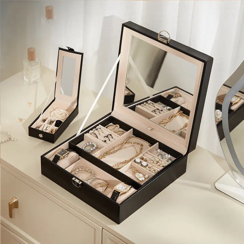 PU leather lockable mirror three-layer single-layer jewelry box - Blade & Thread