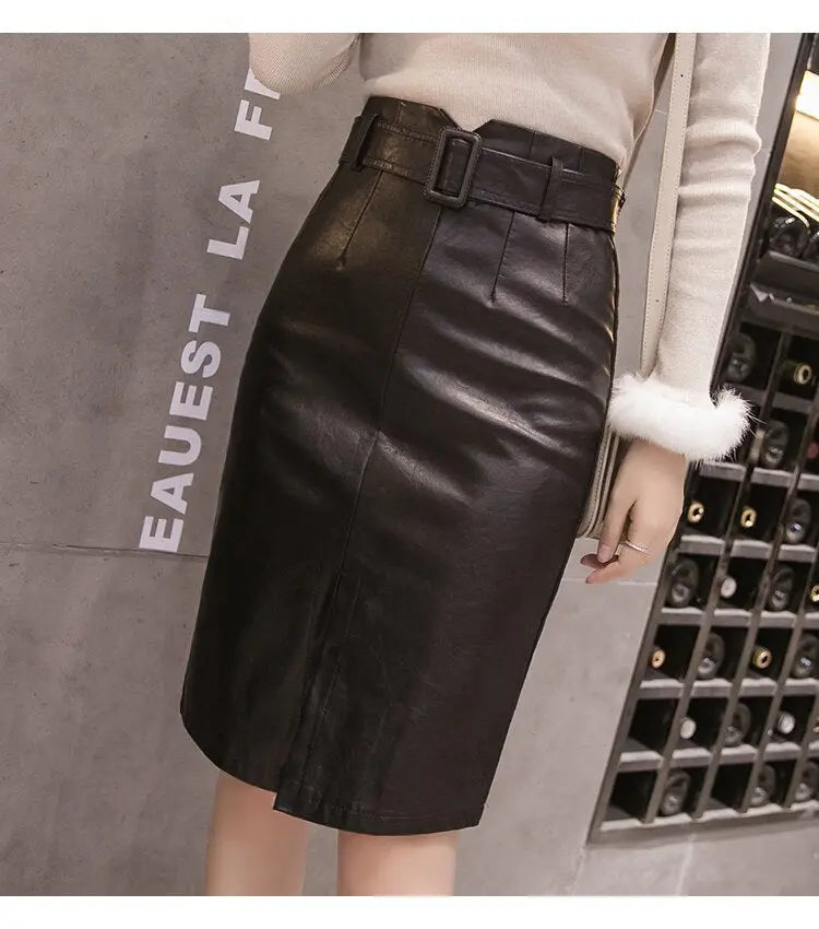 PU Leather Pencil Midi Skirts with Belt High Waist Split OL Elegant Sheath Wrap Skirts - Blade & Thread