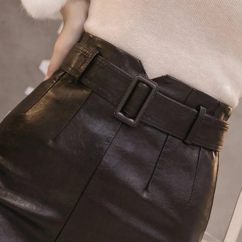 PU Leather Pencil Midi Skirts with Belt High Waist Split OL Elegant Sheath Wrap Skirts - Blade & Thread