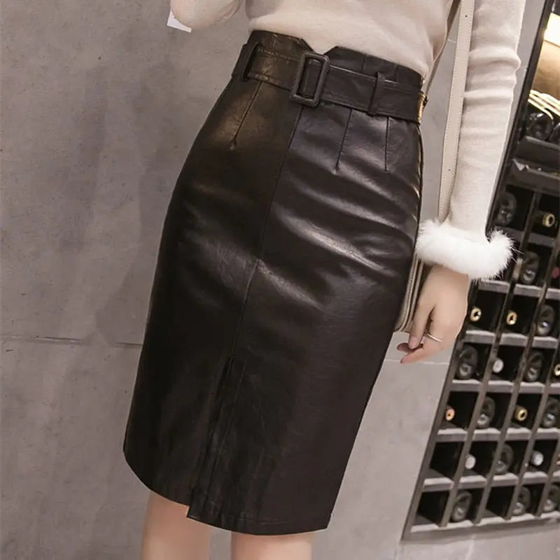 PU Leather Pencil Midi Skirts with Belt High Waist Split OL Elegant Sheath Wrap Skirts - Blade & Thread