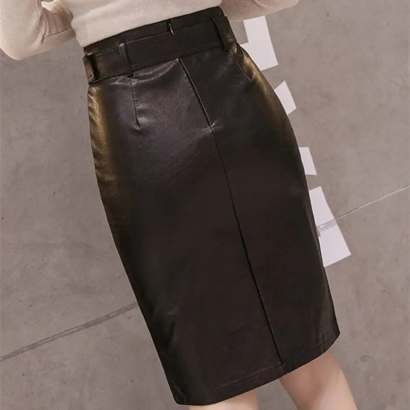 PU Leather Pencil Midi Skirts with Belt High Waist Split OL Elegant Sheath Wrap Skirts - Blade & Thread
