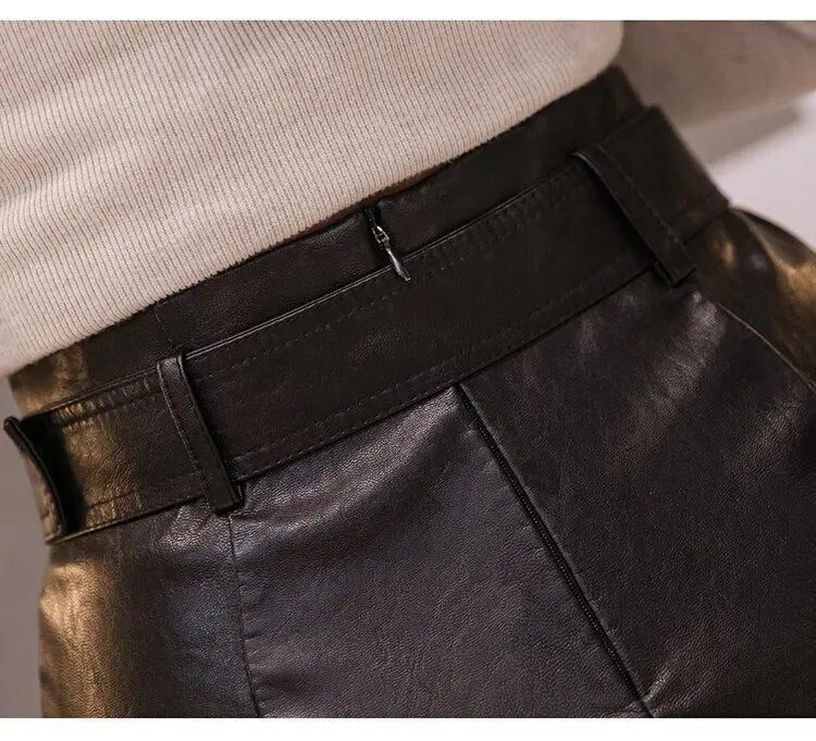 PU Leather Pencil Midi Skirts with Belt High Waist Split OL Elegant Sheath Wrap Skirts - Blade & Thread