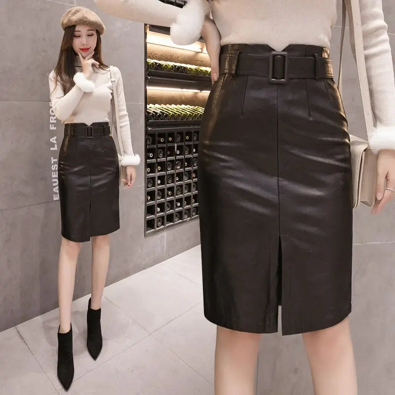 PU Leather Pencil Midi Skirts with Belt High Waist Split OL Elegant Sheath Wrap Skirts - Blade & Thread
