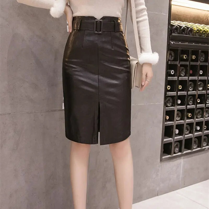PU Leather Pencil Midi Skirts with Belt High Waist Split OL Elegant Sheath Wrap Skirts - Blade & Thread