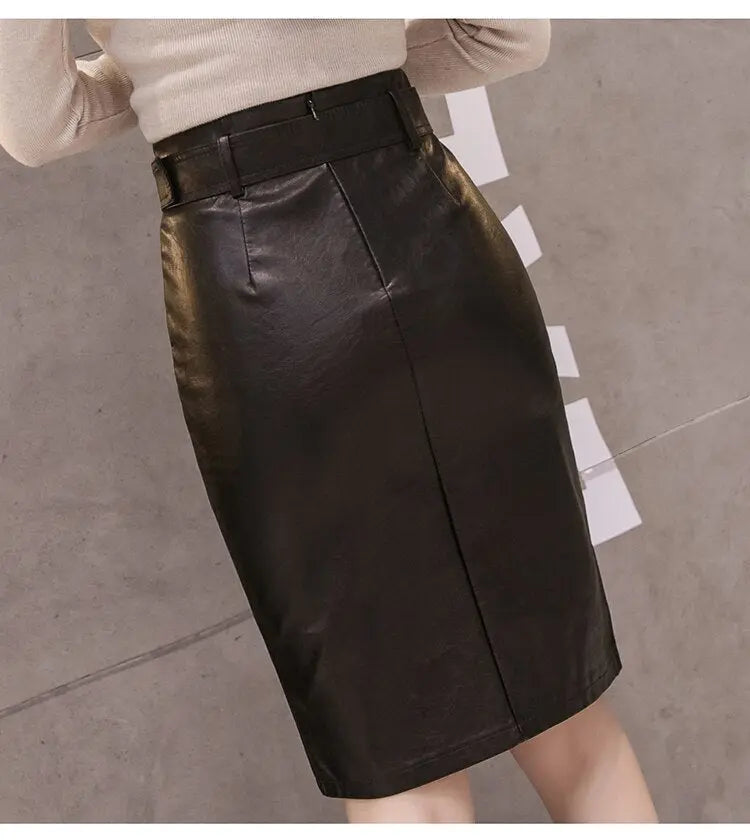 PU Leather Pencil Midi Skirts with Belt High Waist Split OL Elegant Sheath Wrap Skirts - Blade & Thread