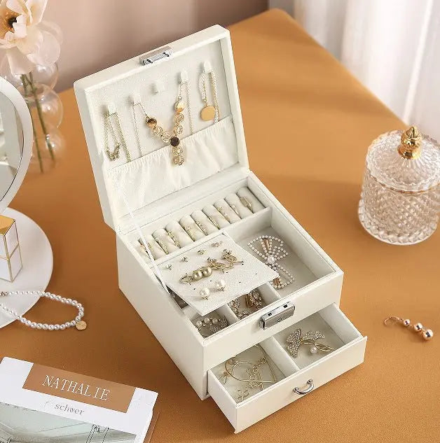 PU leather simple lock drawer table jewelry armoire - Blade & Thread